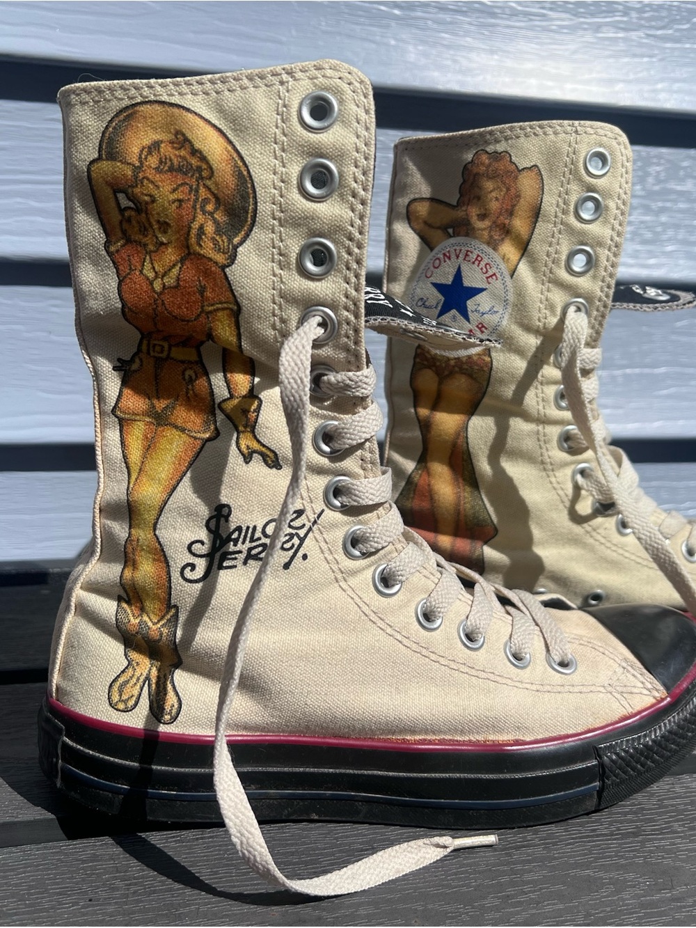 Converse Cream Canvas SailorJerry Pin-Up Artwork All Star High-Top Sneakers